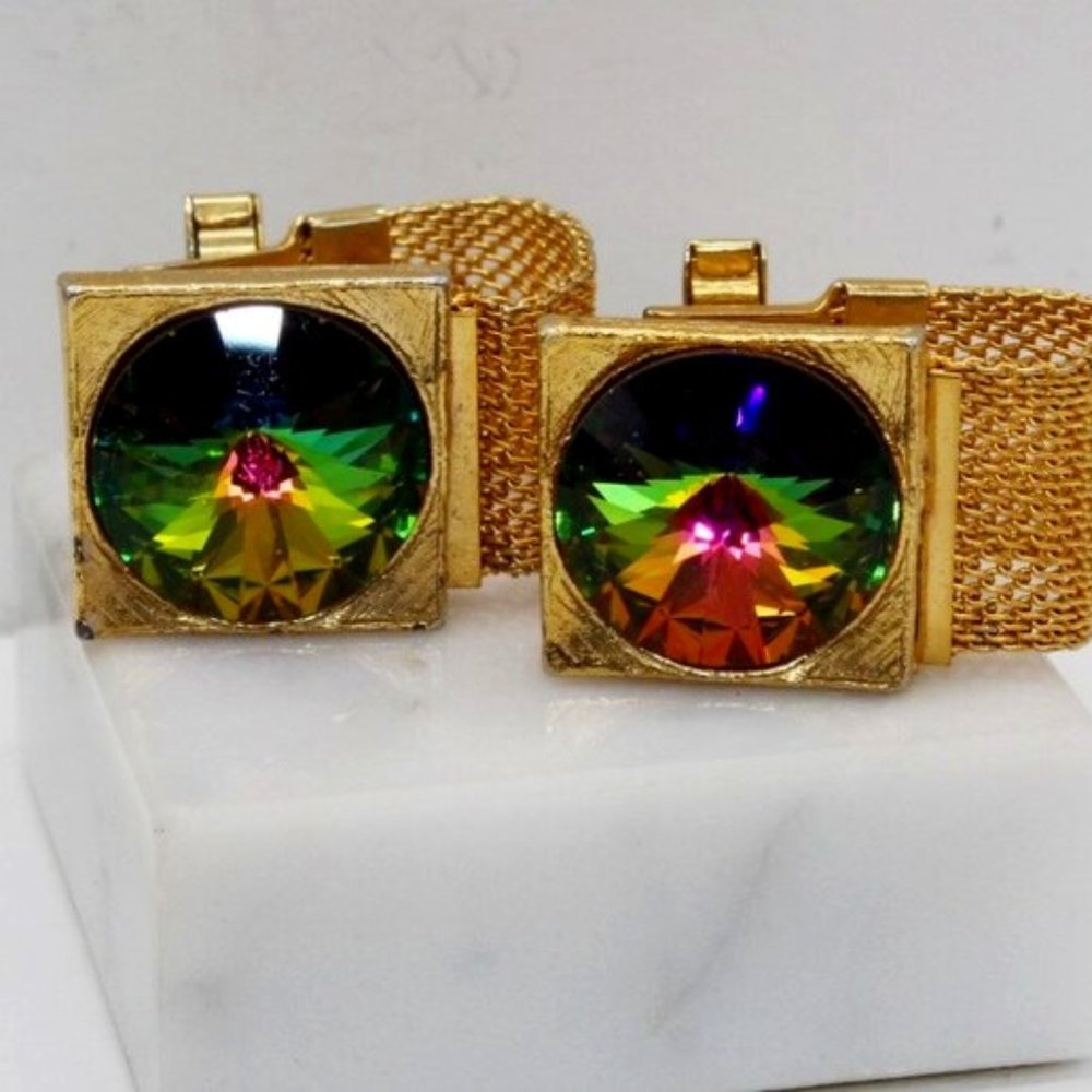 Vintage Gold Tone Huge Green Crystal Mesh Cuff Links